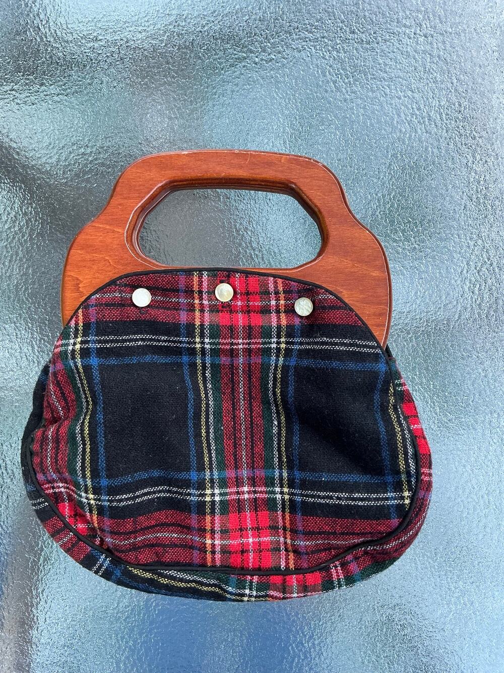 Vintage 1980s Era Tartan Plaid Wood Handle Top Handle Handbag